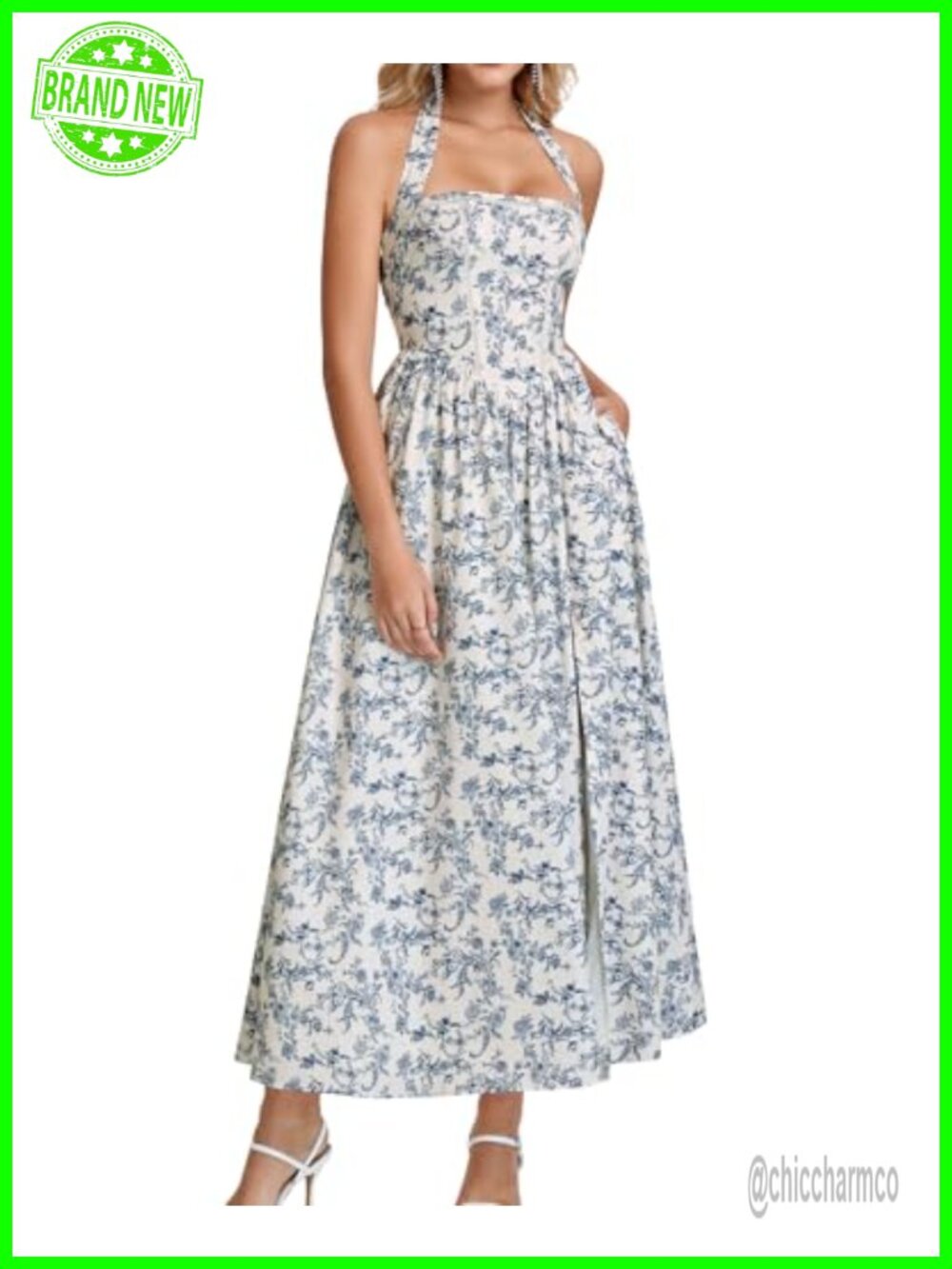 Halter Corset Midi Dress Floral A-Line Slit Summer Wedding Guest